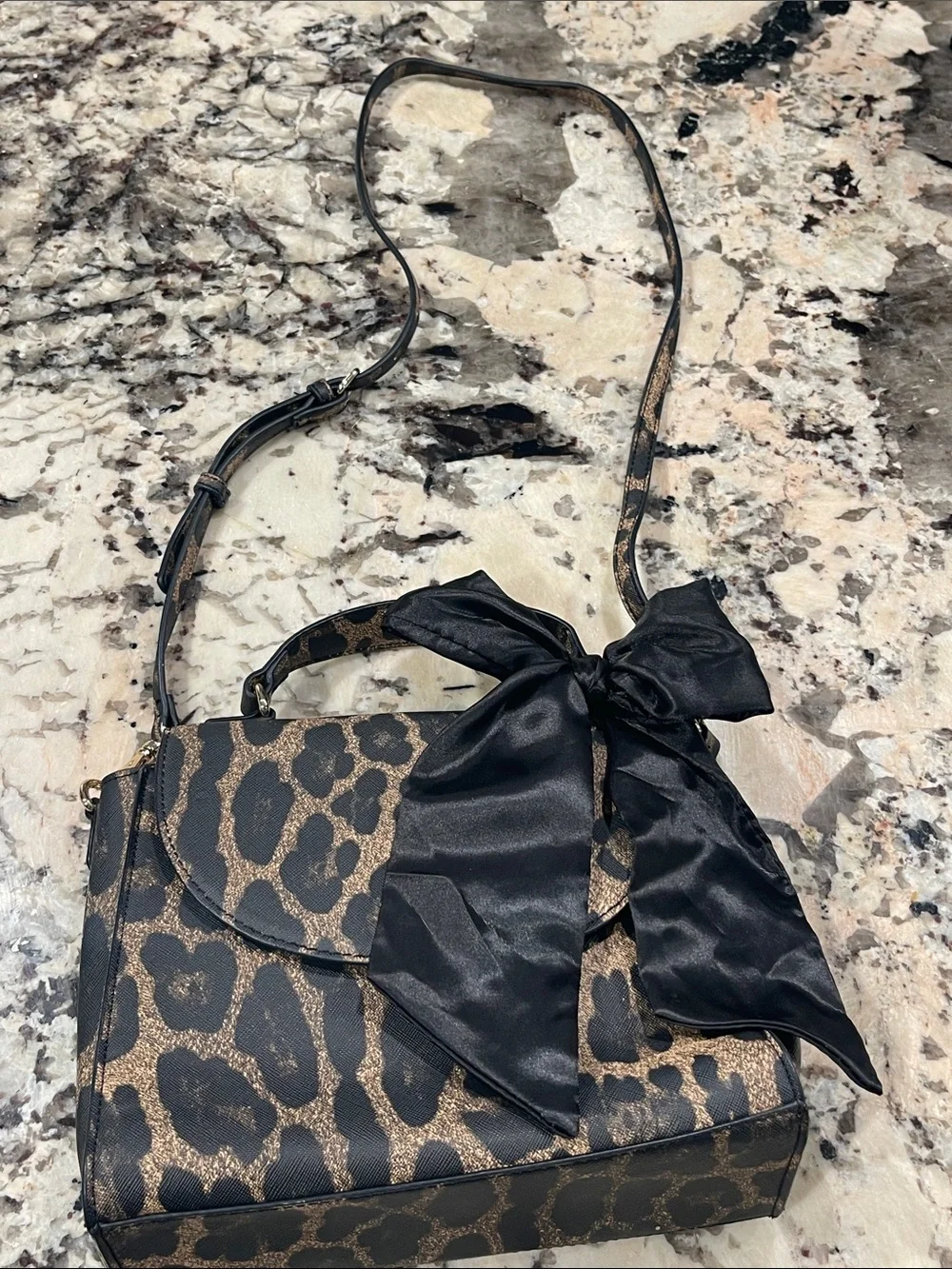 Aldo Black and Brown Leopard-Print Satchel with Black Bow Accent